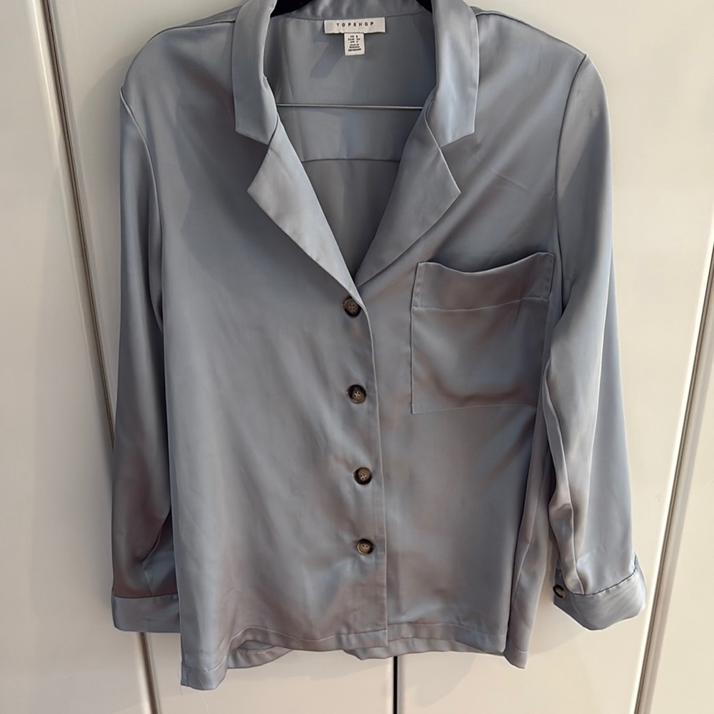 Topshop Ice Blue Satin Button Up with Tortoiseshell Buttons